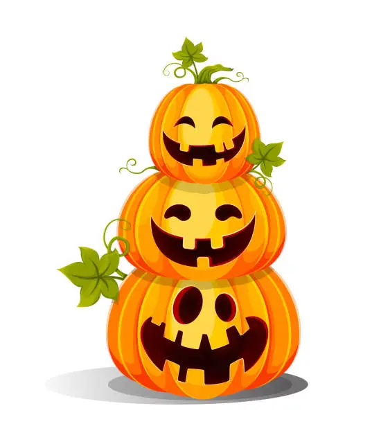 Vector illustration of Happy Halloween. Three funny Jack O Lanterns