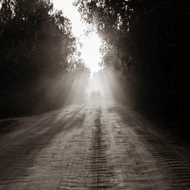 strada sterrata polverosa su un bellissimo tramonto dietro la foresta, nella parte anteriore e sullo sfondo delle sagome delle auto - old dirt road foto e immagini stock