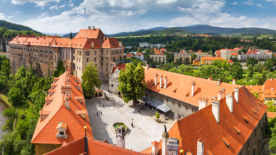 City landscape, panorama - view of the courtyard Cesky Krumlov Castle in summer time, Czech Republic