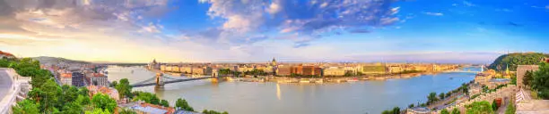 Photo of City summer landscape, panorama, banner - top view of the historical center of Budapest with the Danube river