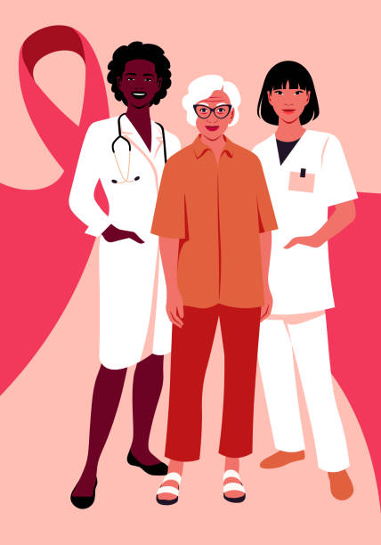 ilustrações de stock, clip art, desenhos animados e ícones de two female doctors and a patient are standing in full length with pink ribbons. - social awareness symbol illustrations