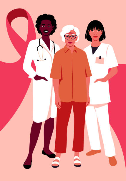 Two female doctors and a patient are standing in full length with pink ribbons. Two female doctors and a patient are standing in full length with pink ribbons. Prevention of oncological diseases and breast cancer. Vector flat illustration full length illustrations stock illustrations