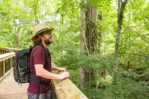 On a summer day trip, a 40 year old Caucasian man wearing a hat and backpack looks out into the forest from the boardwalk in Ichetucknee Springs State Park in Florida, USA.