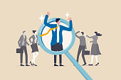 istock Outstanding winner candidate for job position, stand out from the crowd, notable, different or distinct person concept, confidence businessman stand out on human resource magnifying glass recruitment. 1337620061