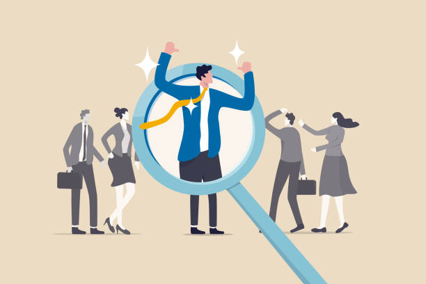 Outstanding winner candidate for job position, stand out from the crowd, notable, different or distinct person concept, confidence businessman stand out on human resource magnifying glass recruitment. Outstanding winner candidate for job position, stand out from the crowd, notable, different or distinct person concept, confidence businessman stand out on human resource magnifying glass recruitment. identity stock illustrations