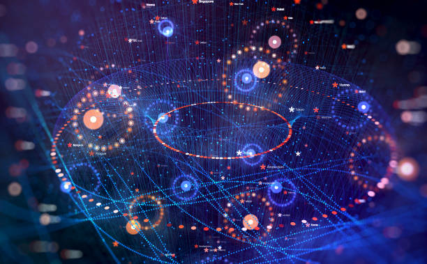istock Big data HUD wireframe wallpaper with neon dots and lines. Visual data infographics design and analysis of information. 1337620079