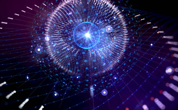 istock Big data HUD wireframe wallpaper with neon dots and lines. Visual data infographics design and analysis of information. 1337620083