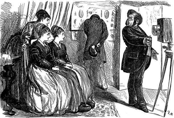 British satire comic cartoon caricatures illustrations - three women sitting in a studio having a photographic portrait taken From Punch's Almanack 1869. camera engraving old retro revival stock illustrations