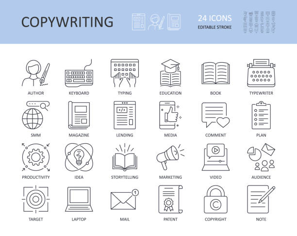 illustrations, cliparts, dessins animés et icônes de icônes de copywriting vectorielle. contour modifiable. écrit par un journaliste clavier d’ordinateur tapant livre magazine publication éducation. article de lettre smm seo productivité idée audience storytelling commentaire - typewriter keyboard