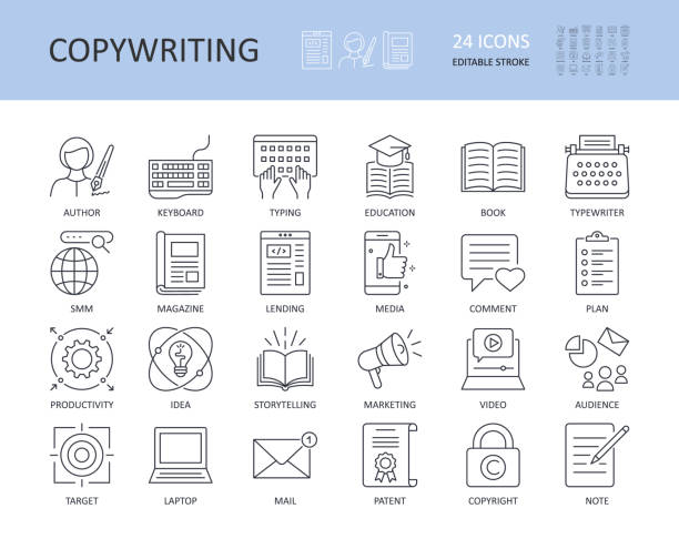 vector copywriting icons. editable stroke. written by journalist computer keyboard typing book magazine publication education. letter article smm seo productivity idea audience storytelling comment - 文章 幅插畫檔、美工圖案、卡通及圖標