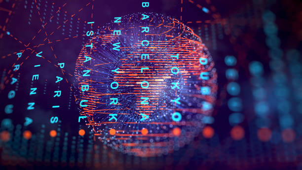 istock Big data HUD wireframe wallpaper with neon dots and lines. Visual data infographics design and analysis of information. 1337620296