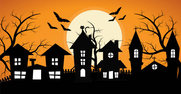 ilustraciones, imágenes clip art, dibujos animados e iconos de stock de fila de spooky house, con un árbol espeluznante y un fondo de murciélago de halloween - bat moon outdoors nature