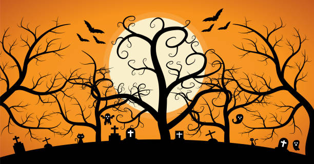 月の下の死の木、不気味な森と墓地ハロウィーンの背景 - bat moon outdoors nature点のイラスト素材／クリップアート素材／マンガ素材／アイコン素材