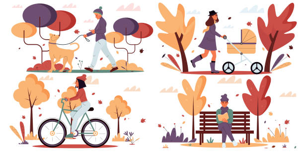 秋公園でのベクターキャラクターを持つシーンのコレクション - scarf blowing women autumn点のイラスト素材／クリップアート素材／マンガ素材／アイコン素材
