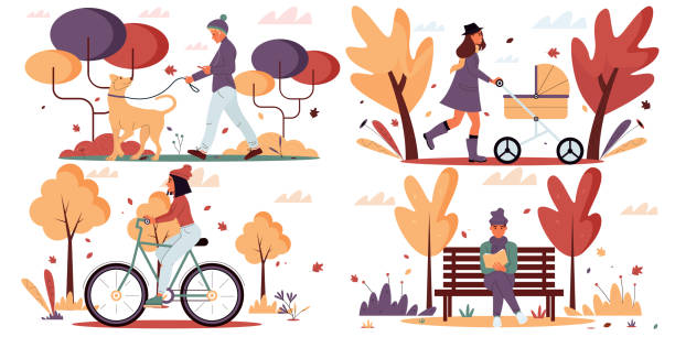 가을 공원에서 벡터 캐릭터가있는 장면 컬렉션 - scarf blowing women autumn stock illustrations