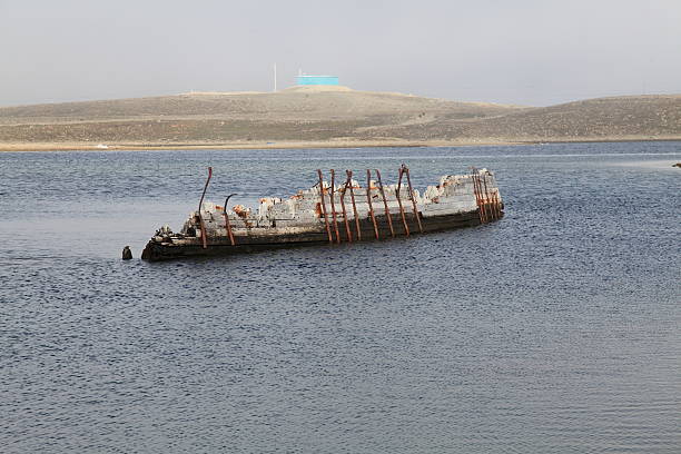 Shipwreck hull of Amundsen&#8217;s &#8220;Maud&#8221; in Cambridge Bay, Nunavut, Canada. stock photo