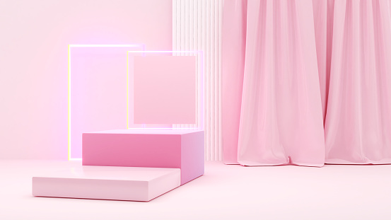 Pink square stand with pink curtains,mock up podium for product presentation,3d rendering