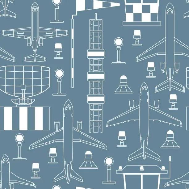 Vector illustration of seamless pattern with passenger airplanes and aerodrome facilities on gray background