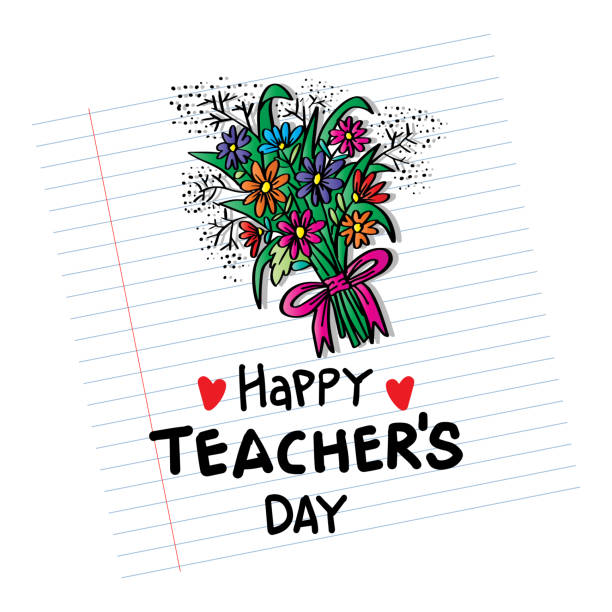 happy teacher`s day hand lettering with bucket flower. greeting card concept. - öğretmenler günü stock illustrations