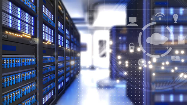 istock Shot of Data Center With Multiple Rows of Fully Operational Server Racks. Modern Telecommunications, Artificial Intelligence,Cloud system, security system, location,3d rendering 1337633686