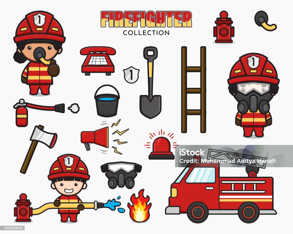 Set Collection Of Cute Firefighter And Equipment Cartoon Icon Clipart  Illustration Stock Illustration - Download Image Now - iStock