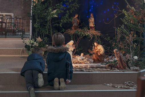 Kalety Miotek, Poland, January 9, 2023: Nativity scene (Christmas crib) in the church of St. Francis of Assisi in Miotek, Silesia, Poland.