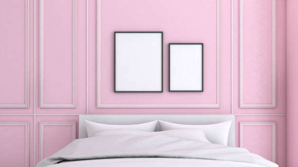 istock Mockup frame on pink wall with bed ,Modern classic style,Poster Mockup 1337635419