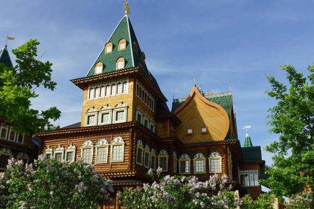 wooden palace in sunny weather on a background of green grass and trees in the blue sky - house florida real estate mansion imagens e fotografias de stock