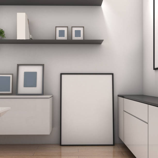 istock Mock up frame on wood wall with low cabinet and shelf,modern style,Mockup poster 1337635564