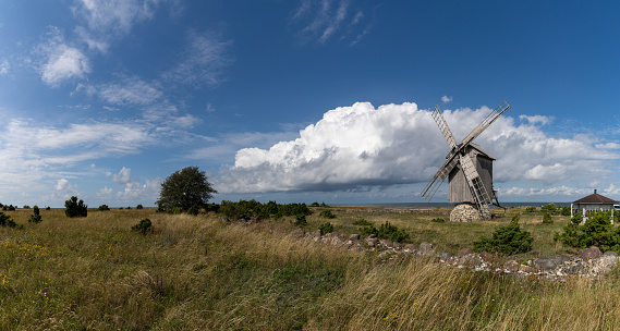 Ohessaare, Estonia - 15 August, 2021: view of the Ohessaare windmills on Saaremaa Island in Estonia