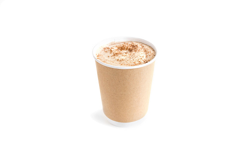 Paper cup of cappuccino isolated on a white background.  Take away coffee.  Cafeteria.  Menu .