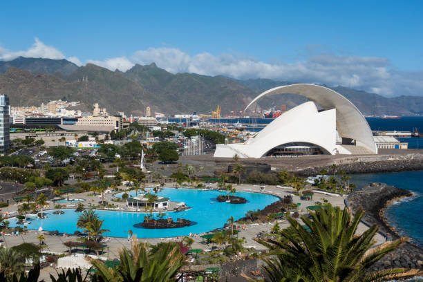 Santa Cruz de Tenerife, Spain - 22 December, 2019, Panoramic view on Santa Cruz and  Auditorio de Tenerife , Canary Island, Spain