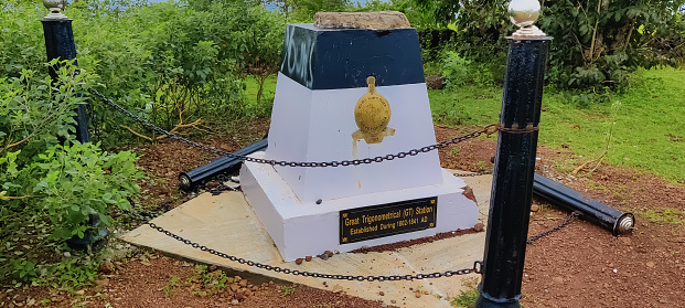 Posadi Gumpe, Kerala, India- July 19 2021 View of Survey stone of(Great trigonometrical station) of government of India located on the top tourist destination in Kerala Posadi gumpe hill station