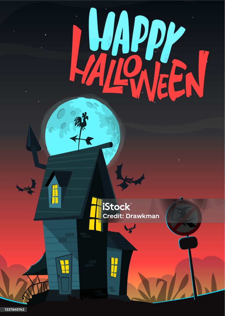 Happy Halloween Haunted House Cartoon Illustration Vector Horror Scary  Mansion On The Night Background With Moon Party Poster Stock Illustration -  Download Image Now - iStock