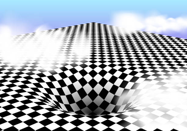 istock Abstract checkered board background with round pit or hole and corner in vaporwave style with clouds. Surreal illustration. 1337640587