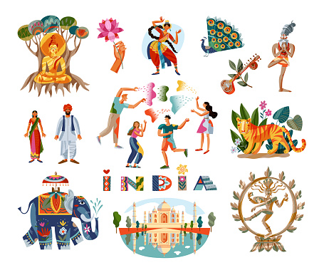 Indian people, culture, art icons set. Elephant, lotus, girl dancing, yoga, Taj Mahal mosque, peacock, Buddha statue, music instrument, tiger vector illustration. Tourism in India symbols.