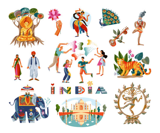 Indian people, culture, art icons set. Elephant, lotus, girl dancing, yoga, Taj Mahal mosque, peacock, Buddha statue, music instrument, tiger vector illustration. Tourism in India symbols Indian people, culture, art icons set. Elephant, lotus, girl dancing, yoga, Taj Mahal mosque, peacock, Buddha statue, music instrument, tiger vector illustration. Tourism in India symbols. symbol of india stock illustrations