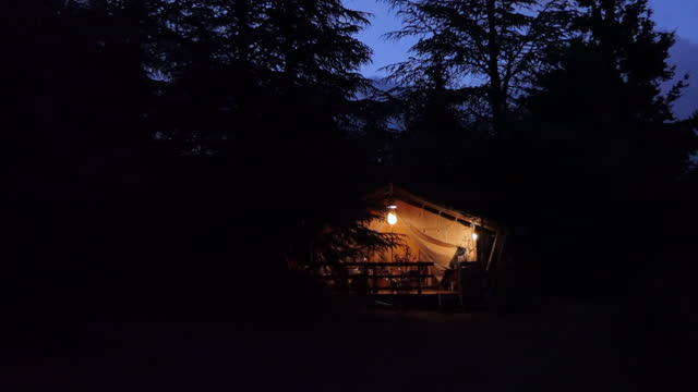 Beautiful Cozy Wooden Cabin In The Forest At Night