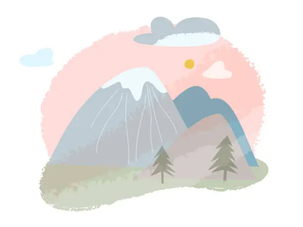 Vector illustration of Mountain cute landscape scene, nature with mountains, pine trees, meadow green grass