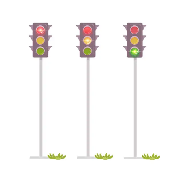 Vector illustration of Three traffic lights near road, red light is on left, prohibits movement, yellow on middle, attention - green light will be soon, next signal at right - you can go.