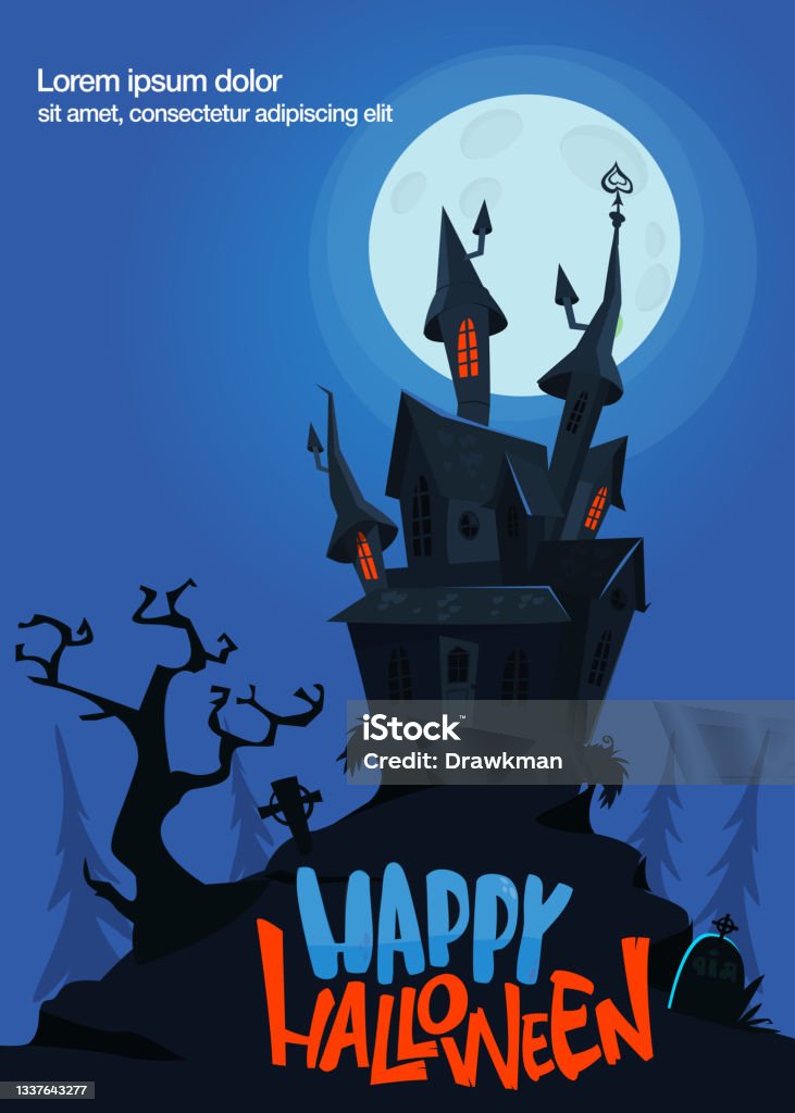Happy Halloween Haunted House Cartoon Illustration Vector Horror Scary  Mansion On The Night Background With Moon Party Poster Stock Illustration -  Download Image Now - iStock