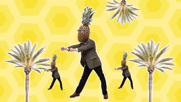 Stop motion design or art 2D animation. Dancing businessman with pineapple head. Fashion dance with color background. Funny man. Modern, conceptual, contemporary bright 4k collage. Summer time concept