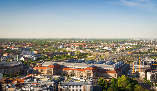 Beautiful top view of Central railway station (Hauptbahnhof) Leipzig, Germany - copy space