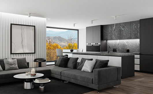 Luxury apartment with living room interior and modern minimalist kitchen with big kitchen island.\nFloor is light matte hardwood tiles. Italian style interior design. 3d rendering