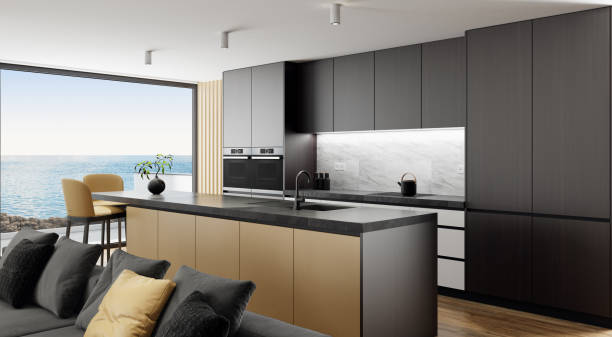 istock Luxury black interior living room with modern minimalist Italian style open space kitchen with big long kitchen island. 1337647163