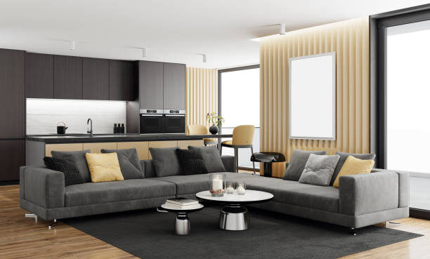 istock Luxury black interior living room with modern minimalist Italian style open space kitchen with big long kitchen island. 1337647217