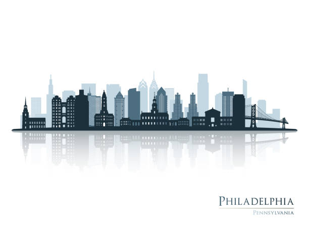 illustrations, cliparts, dessins animés et icônes de silhouette de l’horizon de philadelphie avec reflet. paysage philadelphie, pennsylvanie. illustration vectorielle. - skyscraper skyline built structure business