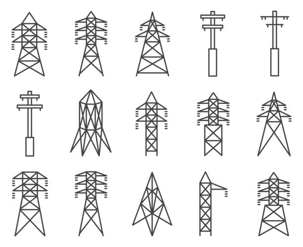 ilustrações de stock, clip art, desenhos animados e ícones de electric tower icon set - electricity cables