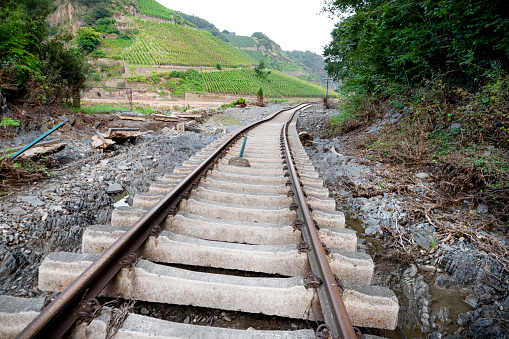 Damaged railroad track after flood disaster