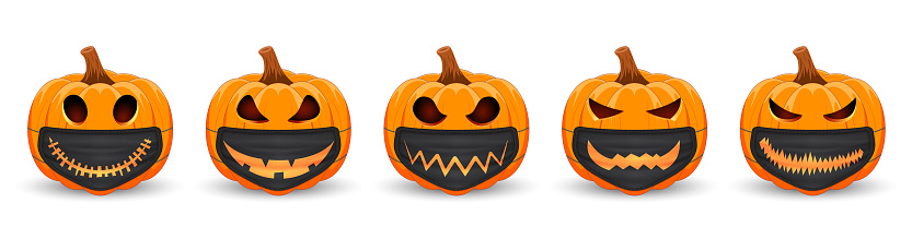 Set Pumpkin with black medical mask with scary smile. The main symbol of the Happy Halloween holiday. Orange pumpkin with smile for your design for the holiday Halloween. Vector illustration.